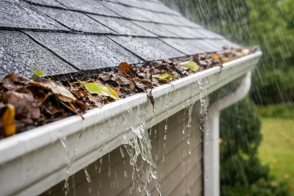 Image of a clogged gutter during a heavy rain