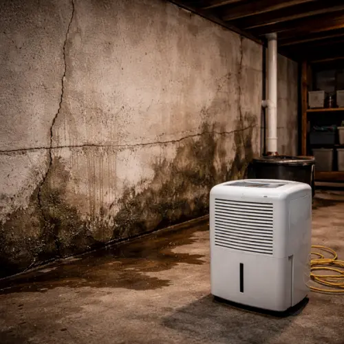 Damp basement corner with dehumidifier