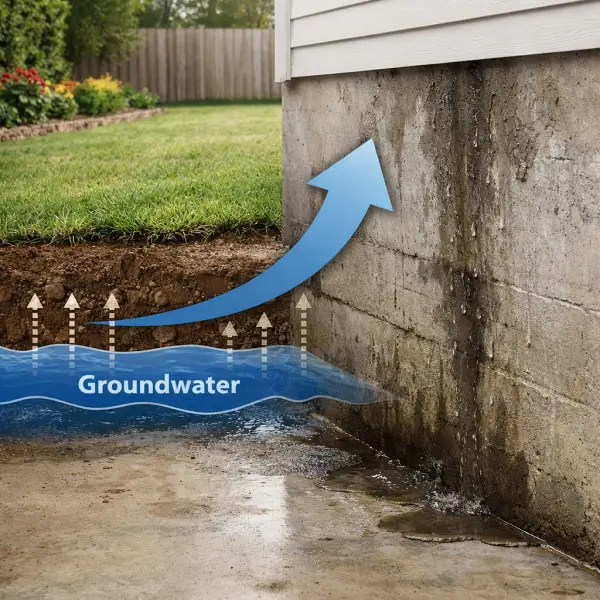 illustration showing Moisture migration from groundwater to basement