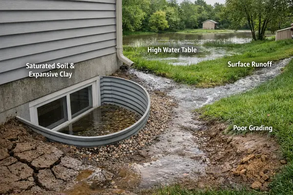 Illustration showing Water issues around house foundation
