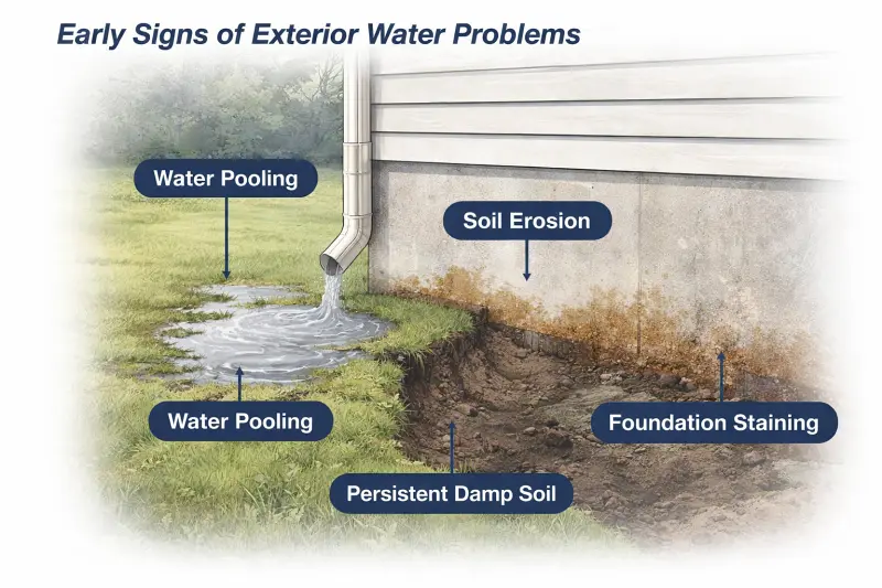 illustration showing signs of exterior water problems