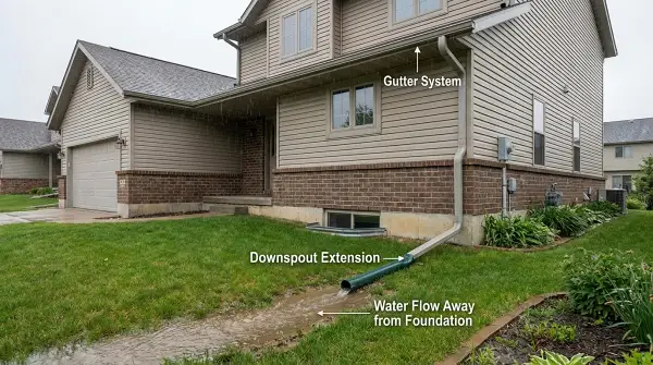 Gutters and downspouts directing roof runoff away from a home's foundation