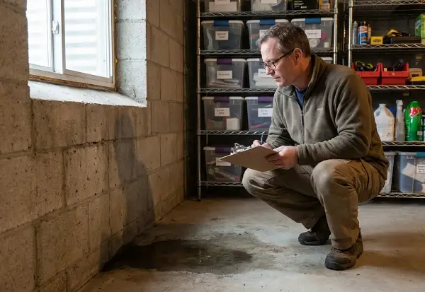A homeowner reviewing insurance documents on a clipboard in a residential basement while looking at a small damp area near a foundation wall, concrete floor and basement window visible, organized storage shelves in the background, calm realistic home setting, wide landscape orientation, photorealistic