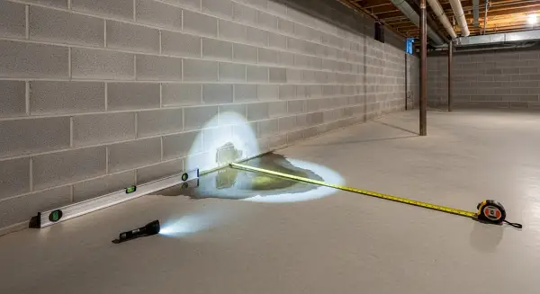 tools on basement floor inspecting water seepage