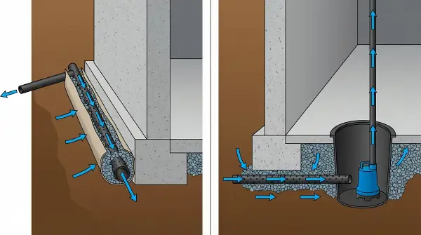 illustration showing Exterior Versus Interior Drain Systems