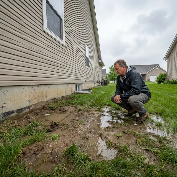 homeowner evaluating water drainage problem on side of the house