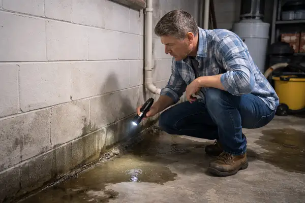 Homeowner inspects basement water leak