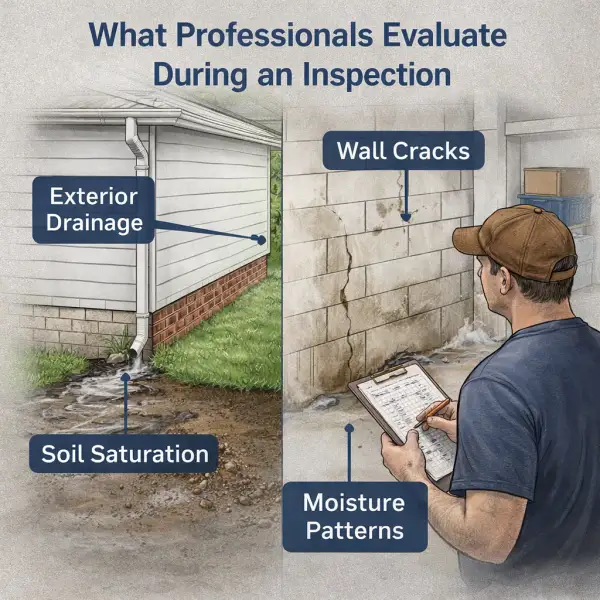 illustration showing foundation inspection - evaluating water damage
