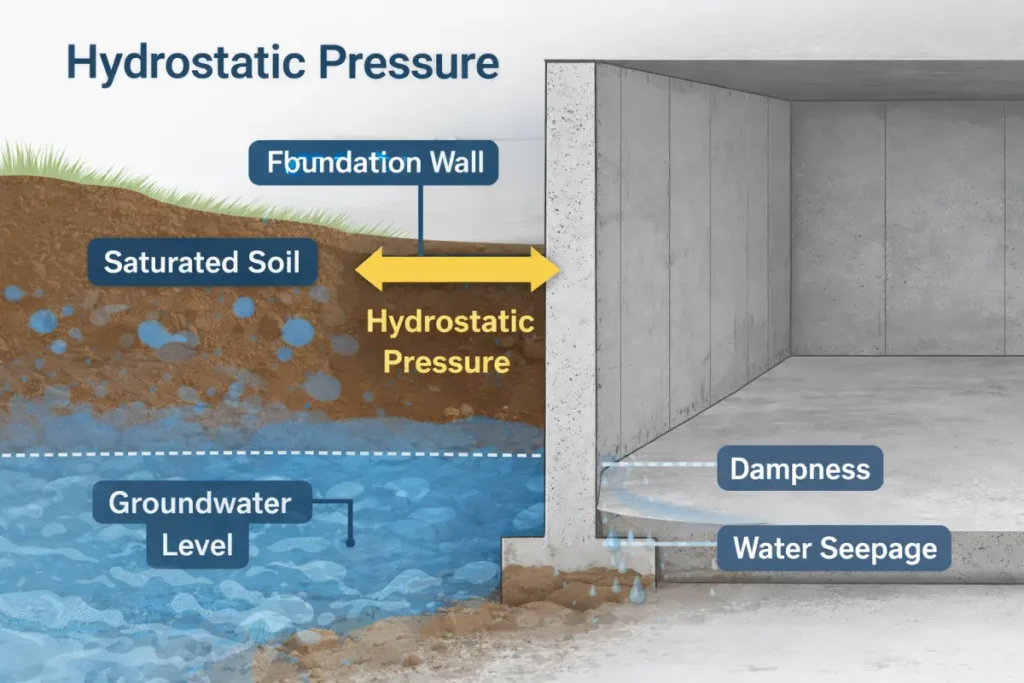 Illustration of hydrostatic pressure on foundation wall
