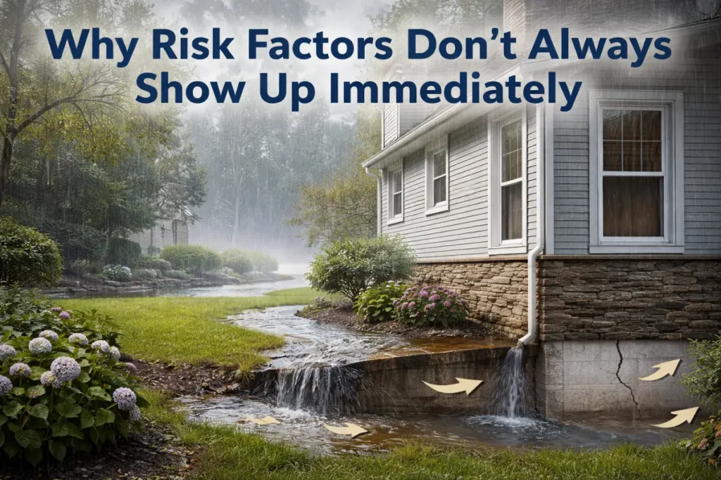 Illustration of a suburban home in heavy rainstorm