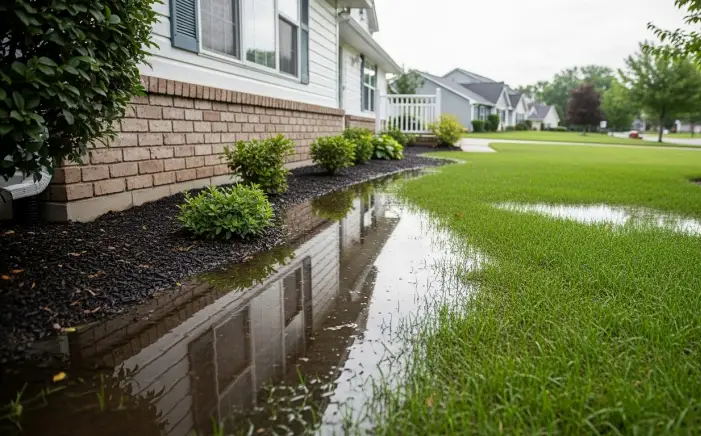 home with water pooling around the foundation