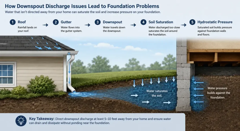 diagram showing how downspout discharge issues lead to foundation problems
