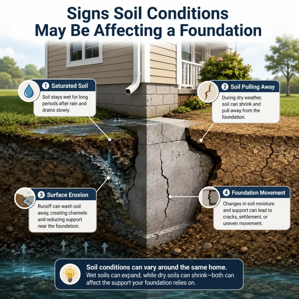 Illustration showing Signs Soil Conditions May Be Affecting a Foundation